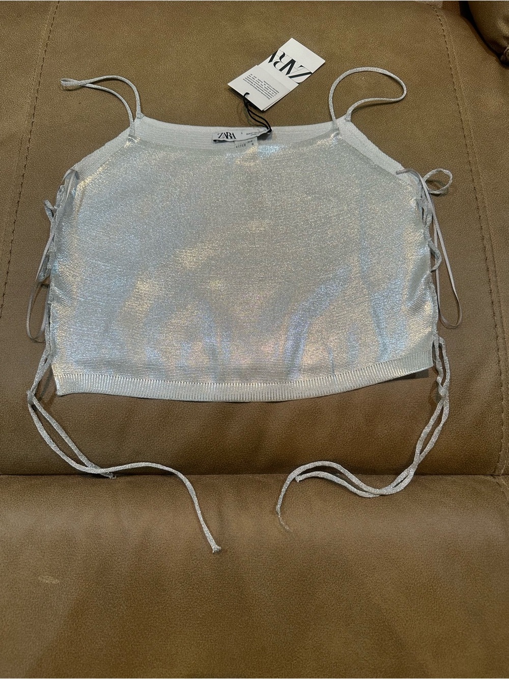 Zara Silver Shimmery Tie-Side Cropped Camisole